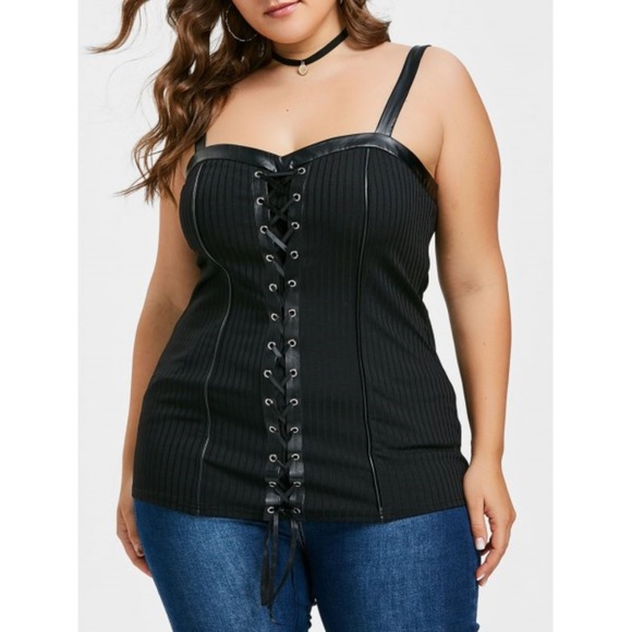 CheekyChic Tops - Plus Size PU Leather Trim Lace Up Tank Top Black
